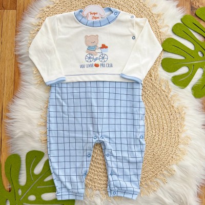 Macacão Malha Trape Zape - Vou Levar Maçãs Pra Casa - Off White e Azul Bebê